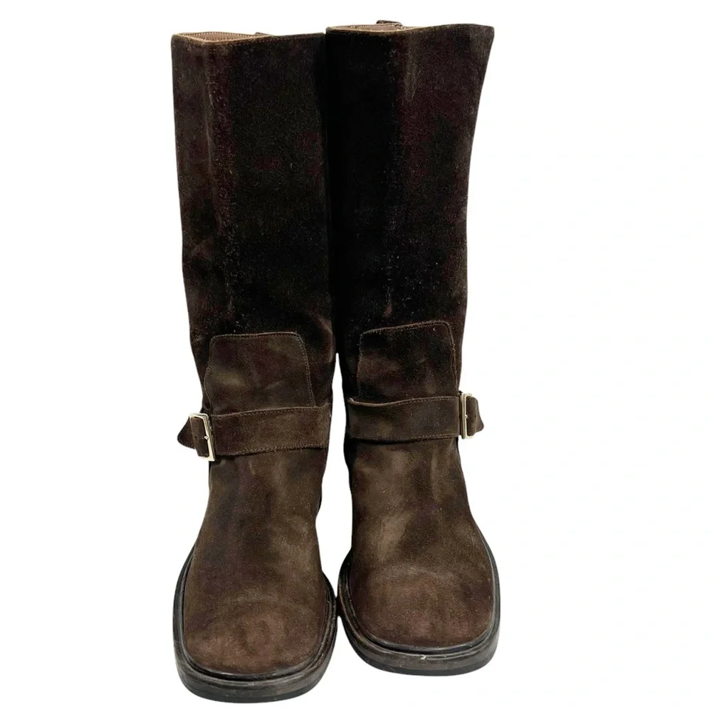 GUCCI Chocolate Brown Suede Biker Style Pull-on Low Heel Boots Size 8.5 - Picture 2 of 13